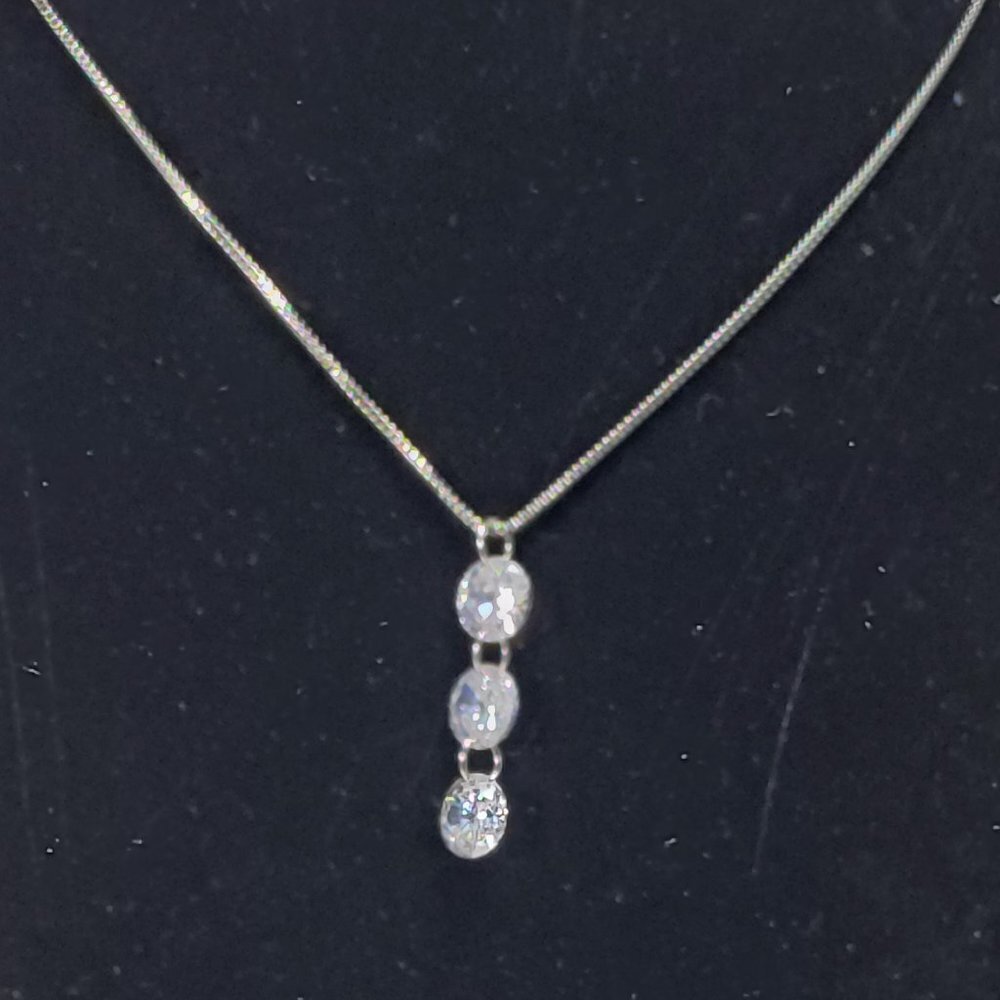Necklace - Swarovski Crystal  - Triple Stones Drop Pendant, Rhodium Overlay, 18" - Picture 7 of 13